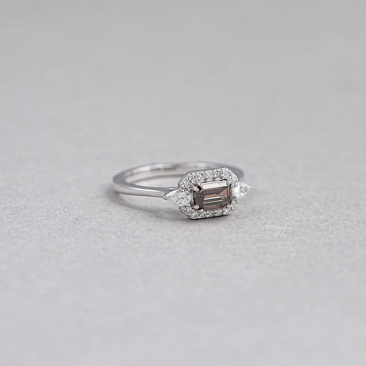 Champagne Emerald Shape Three Stone Engagement Ring Rings