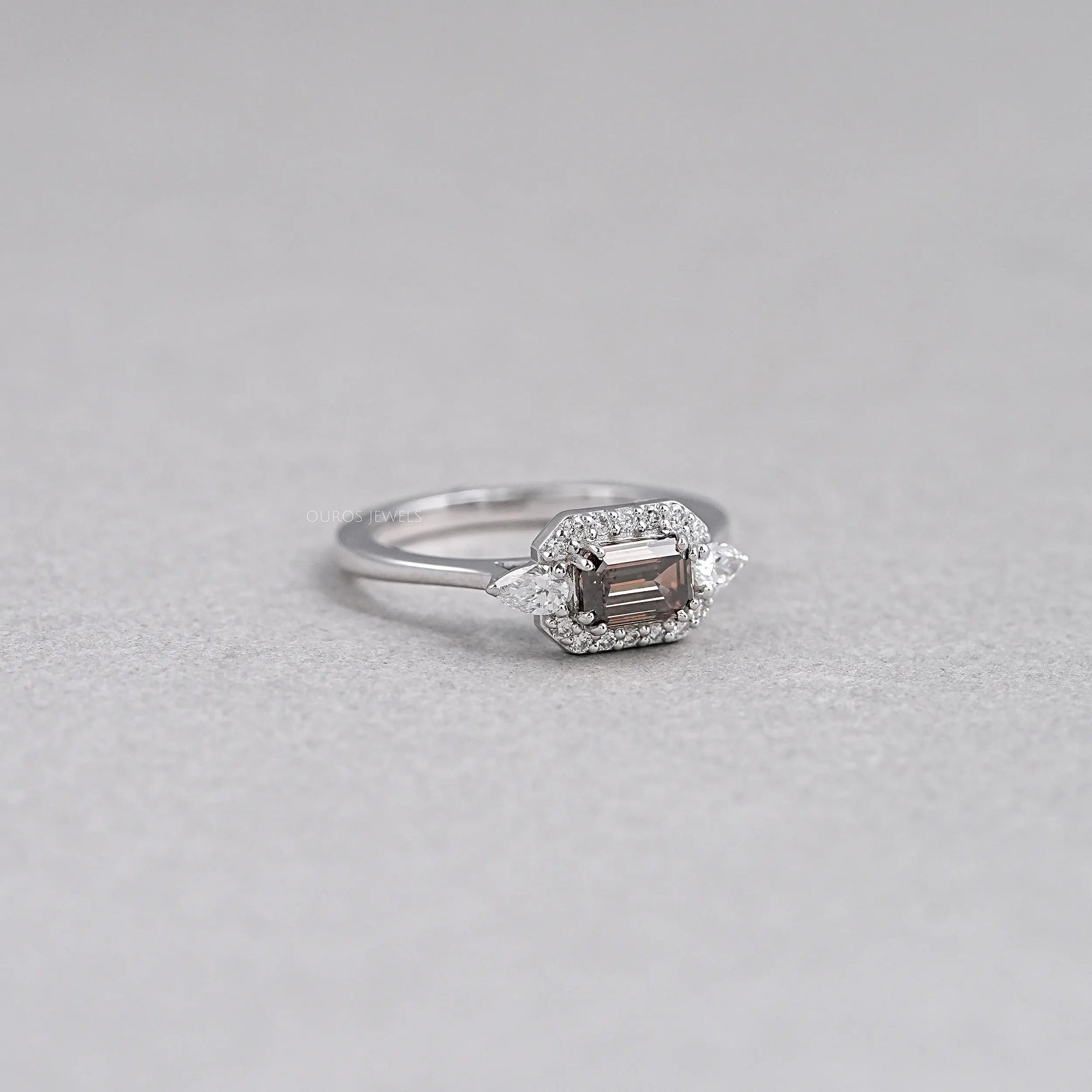 Champagne Emerald Shape Three Stone Engagement Ring Rings