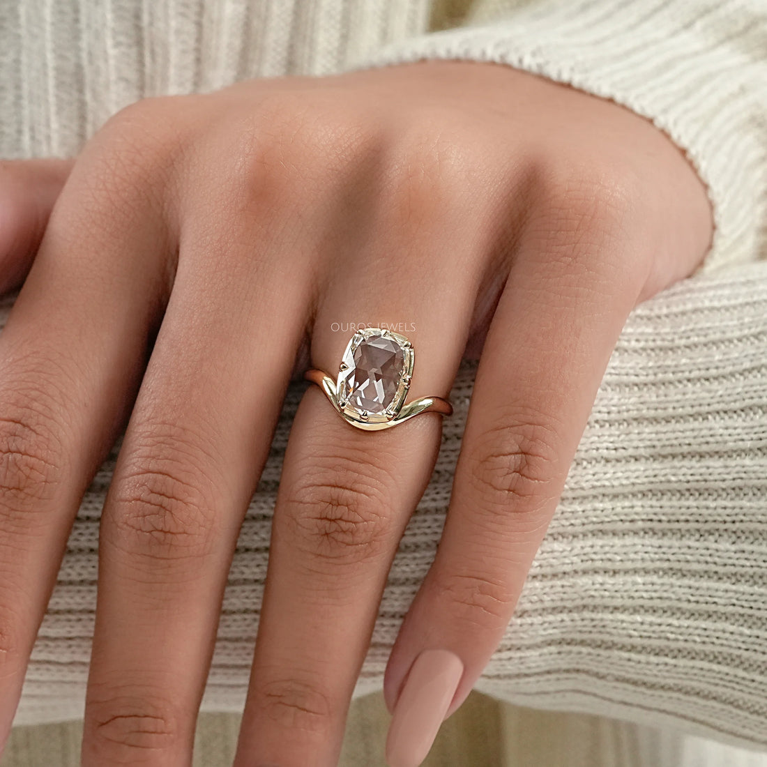 Rose Cut Elongated Cushion Curved Ring