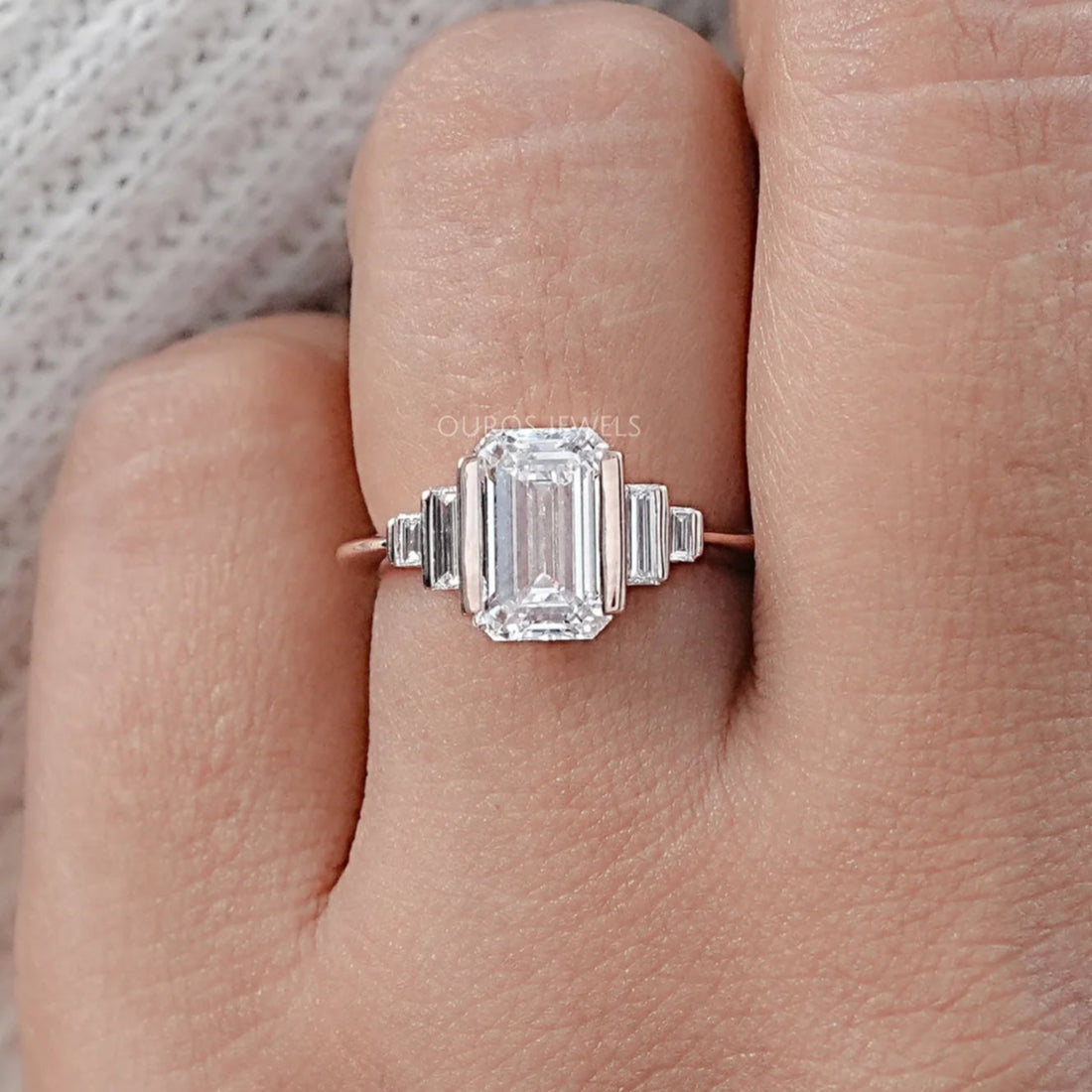 Emerald Half Bezel Set Baguette Diamond Engagement Ring Rings
