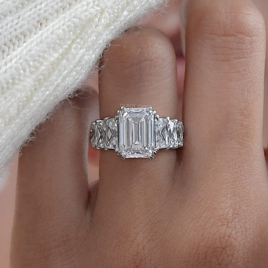 Emerald Diamond French Cut Trapezoid Accent Engagement Ring Rings