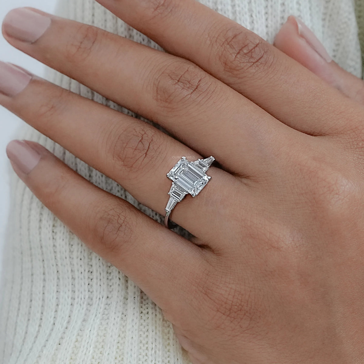 Emerald And Trapezoid Lab Diamond Five Stone Engagement Ring Rings