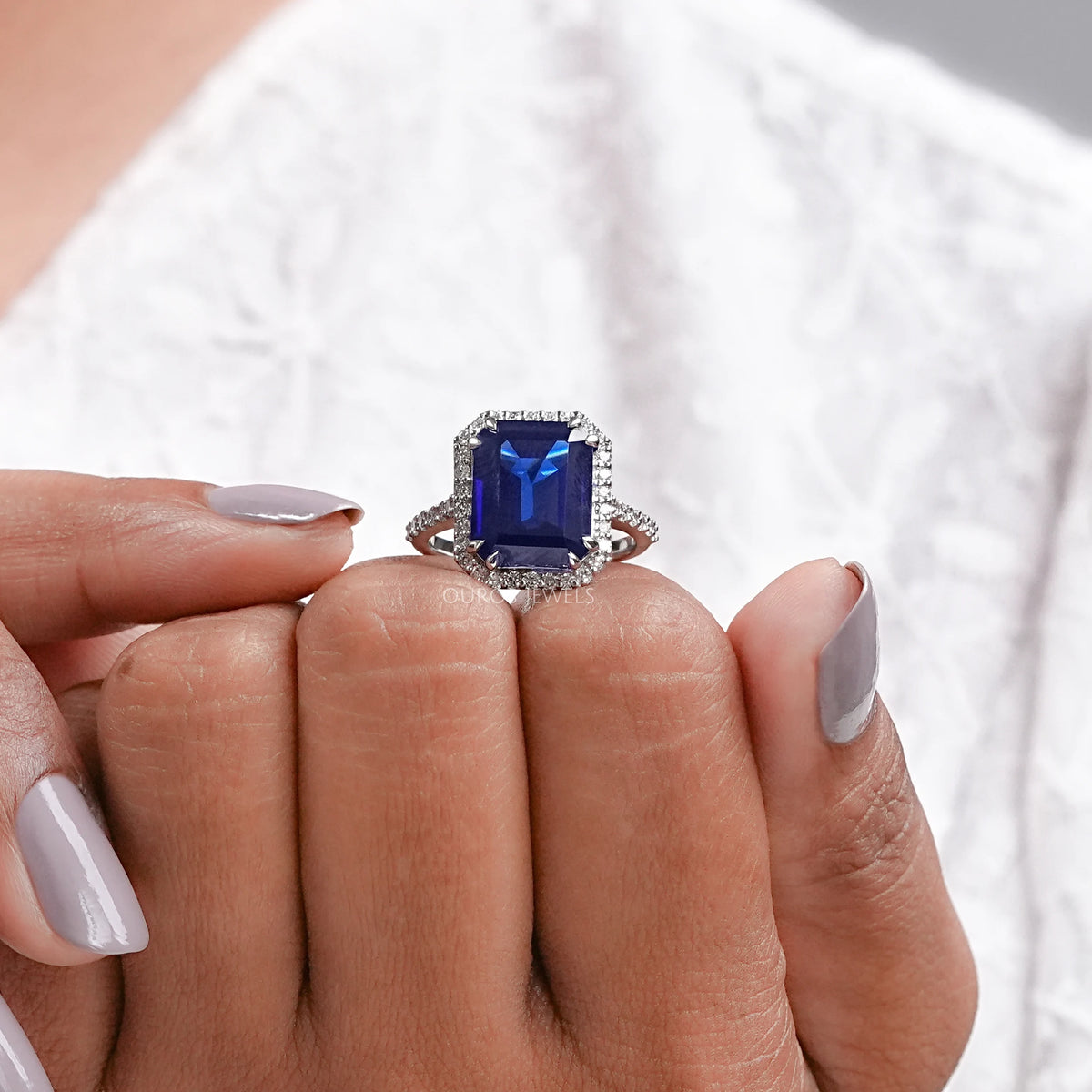 Sapphire Emerald Halo Engagement Ring