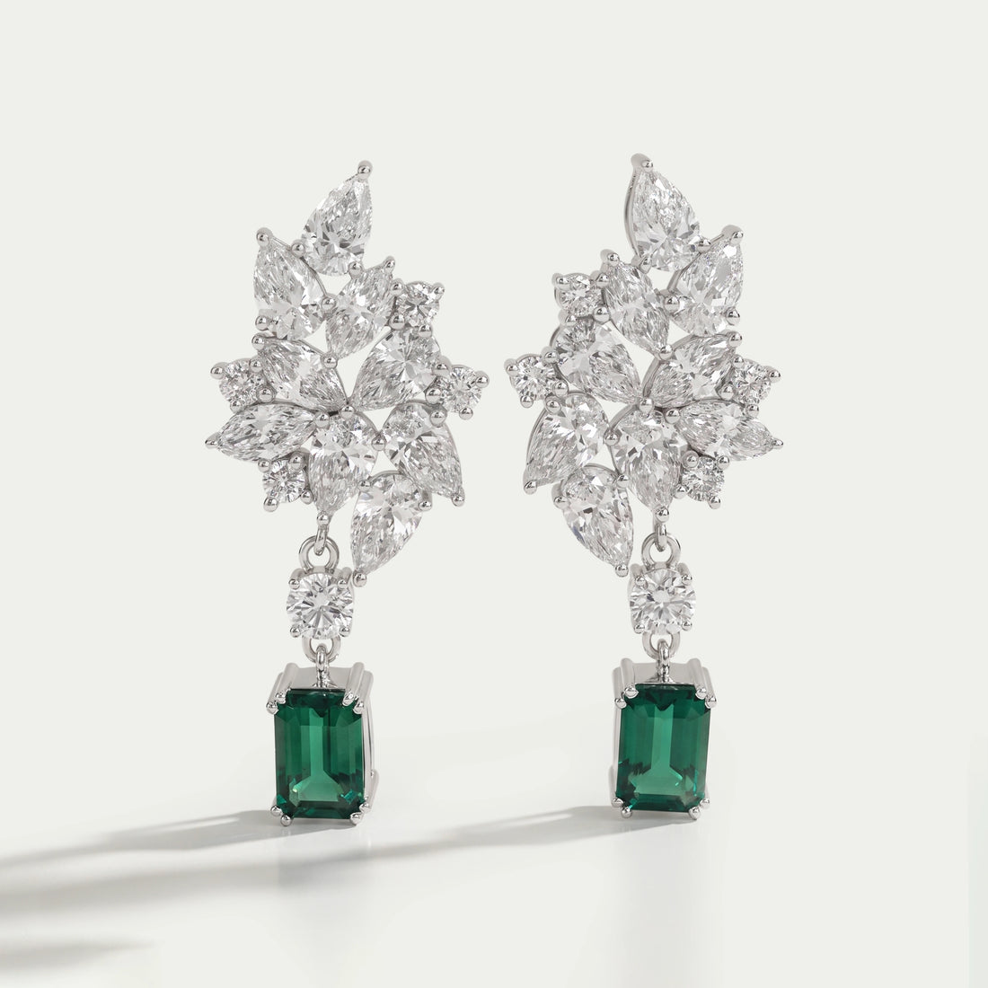 Diamond Cluster Drop Emerald Earrings