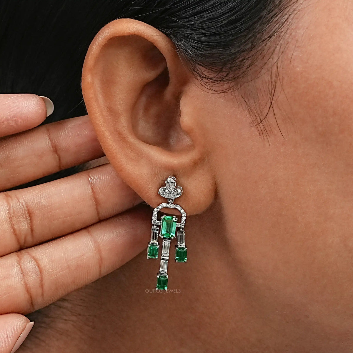 Green Emerald And Diamond Linear Drop Earrings Earring