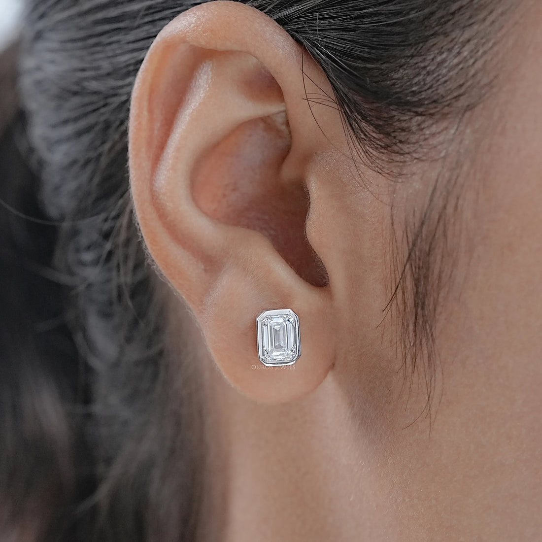 Emerald Diamond Bezel Set Stud Earrings Earrings