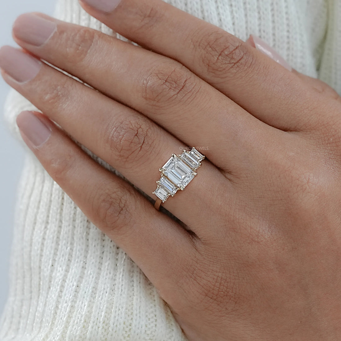 Five Stone Emerald And Baguette Diamond Engagement Ring Rings