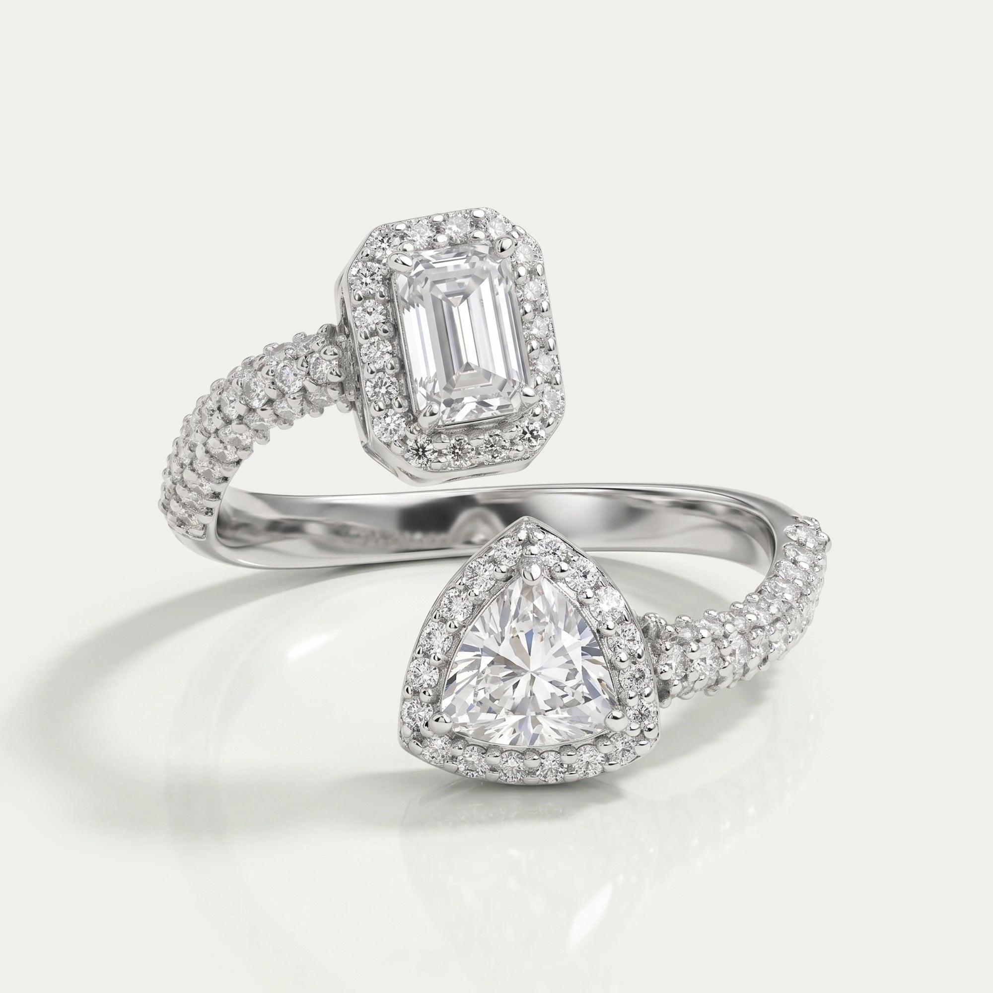 Emerald And Trilliant Cut Halo Lab Diamond Bypass Engagement Ring