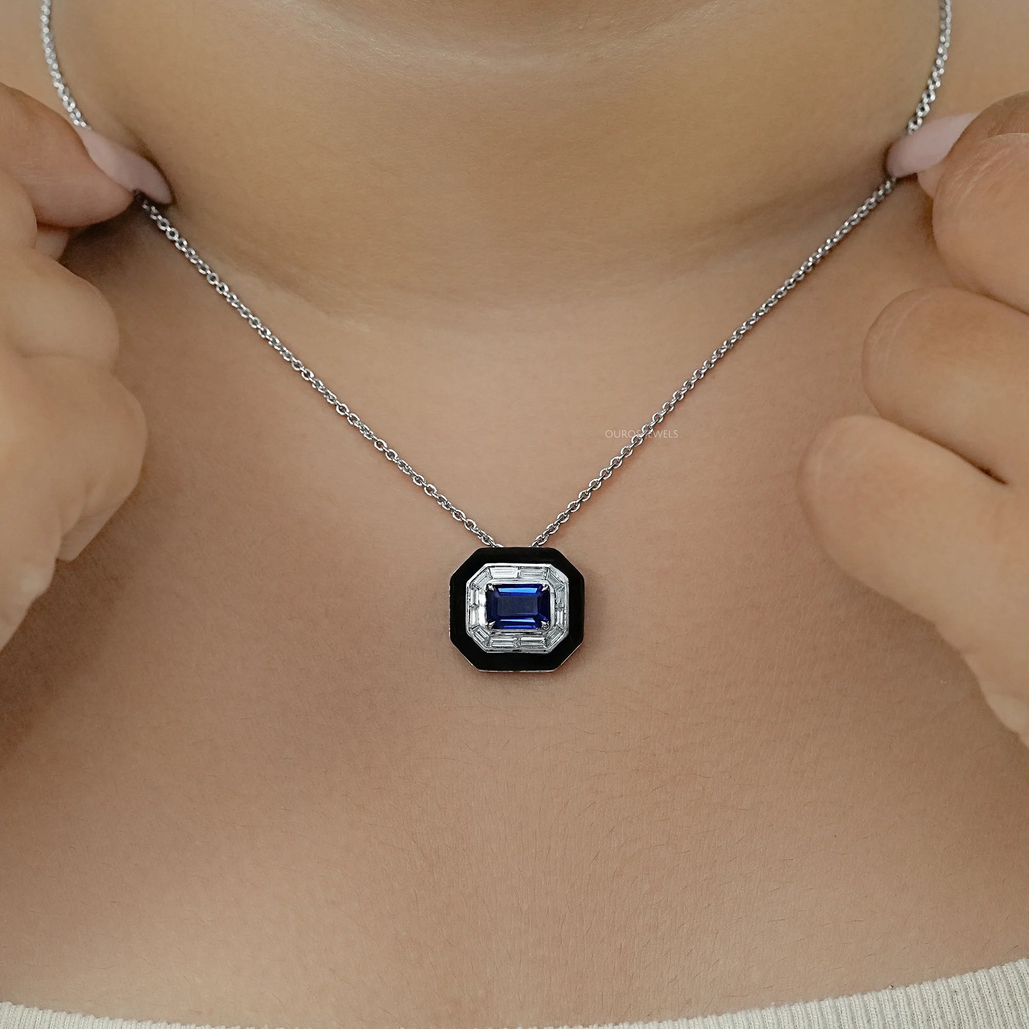 Enamel And Sapphire Gemstone Halo Pendant Necklaces