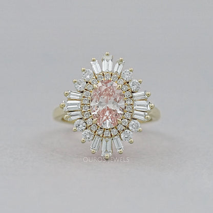 Fancy Vivid Pink Oval Cut Double Halo Sunbrust Ring Rings