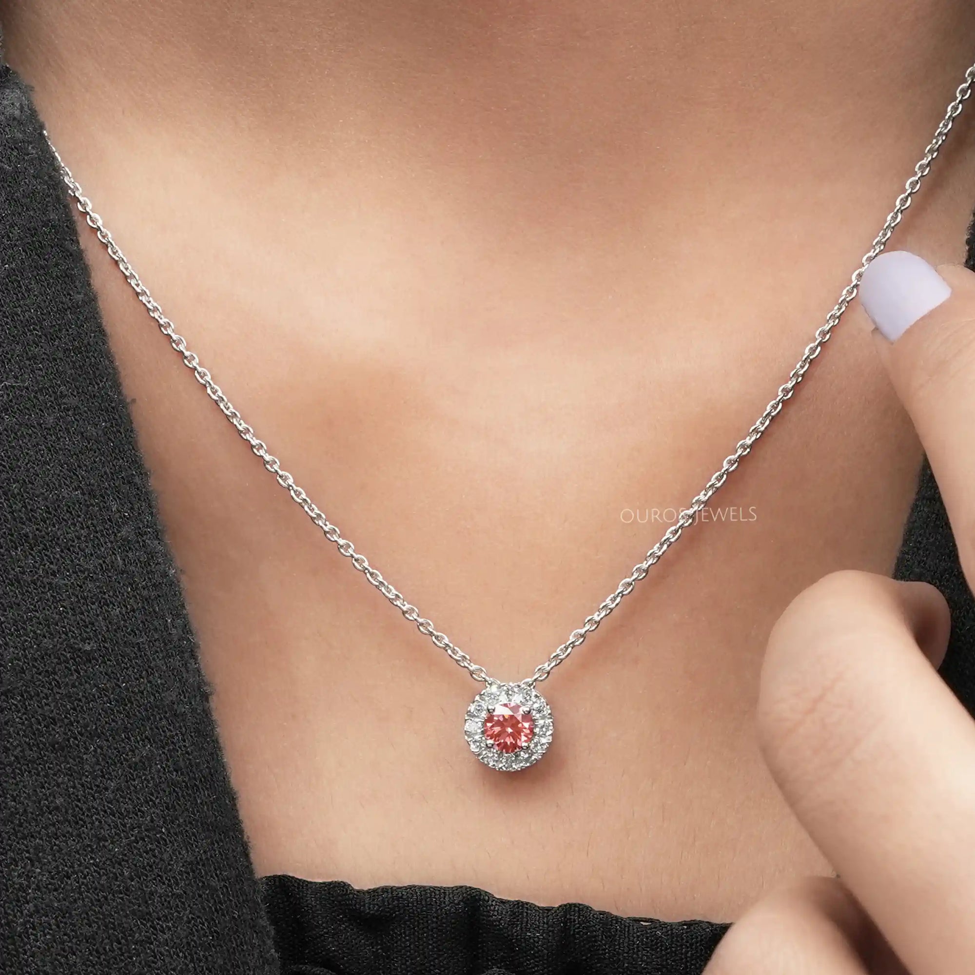 Pink Round Cut Diamond Halo Pendant Necklaces