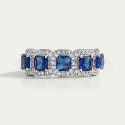 Five Stone Blue Asscher Cut Gemstone Halo Diamond Ring Rings