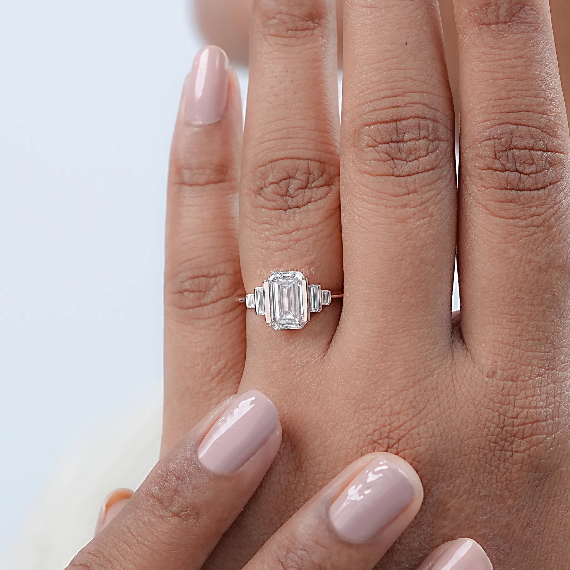 Emerald Half Bezel Set Baguette Diamond Engagement Ring Rings