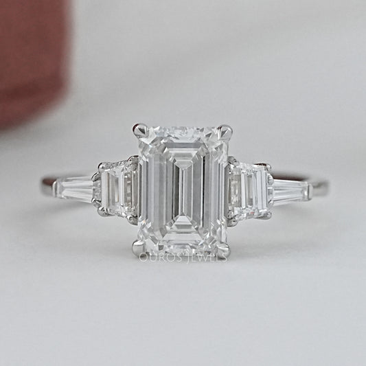 Emerald And Trapezoid Lab Diamond Five Stone Engagement Ring Rings