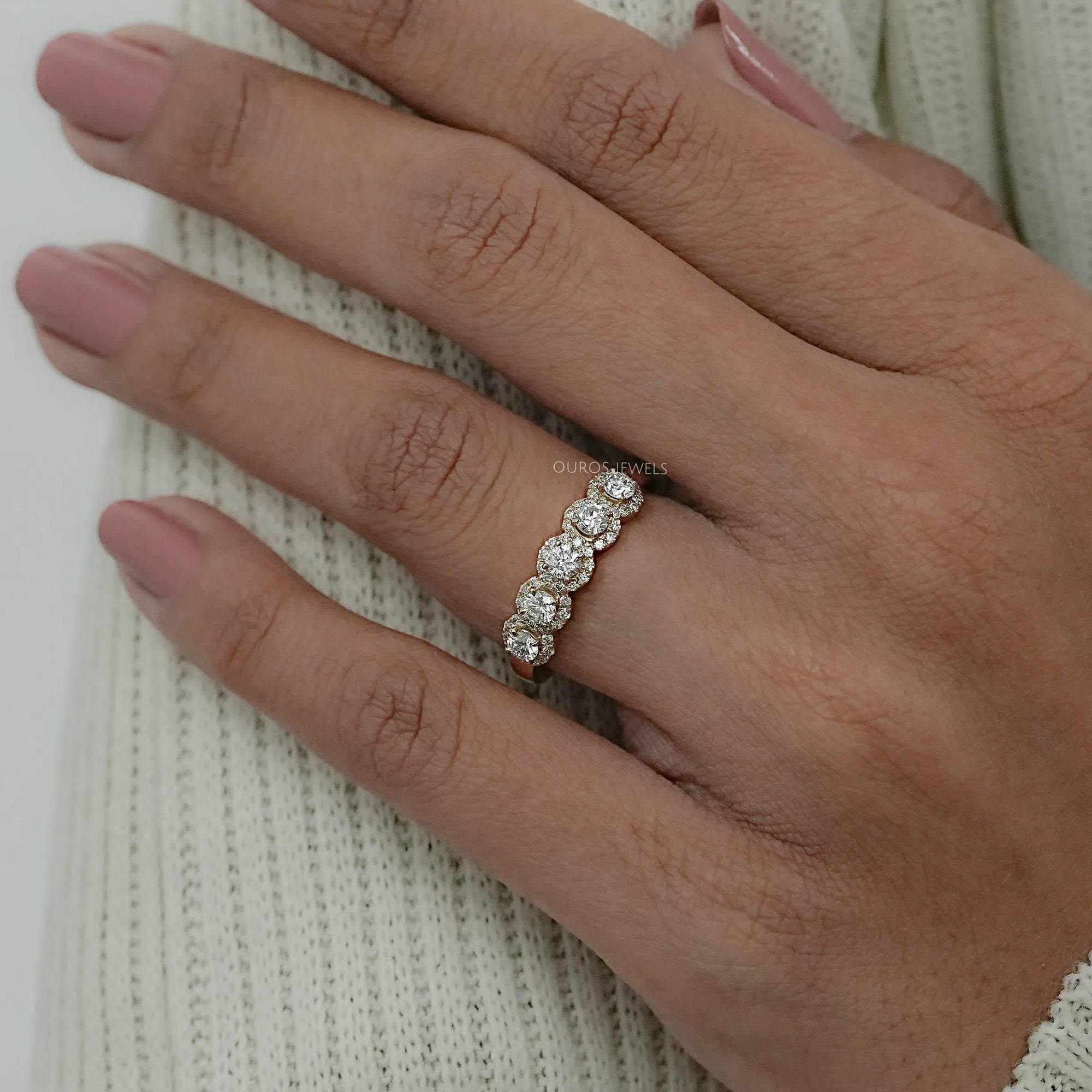 Five Stone Halo Round Diamond Wedding Band Rings