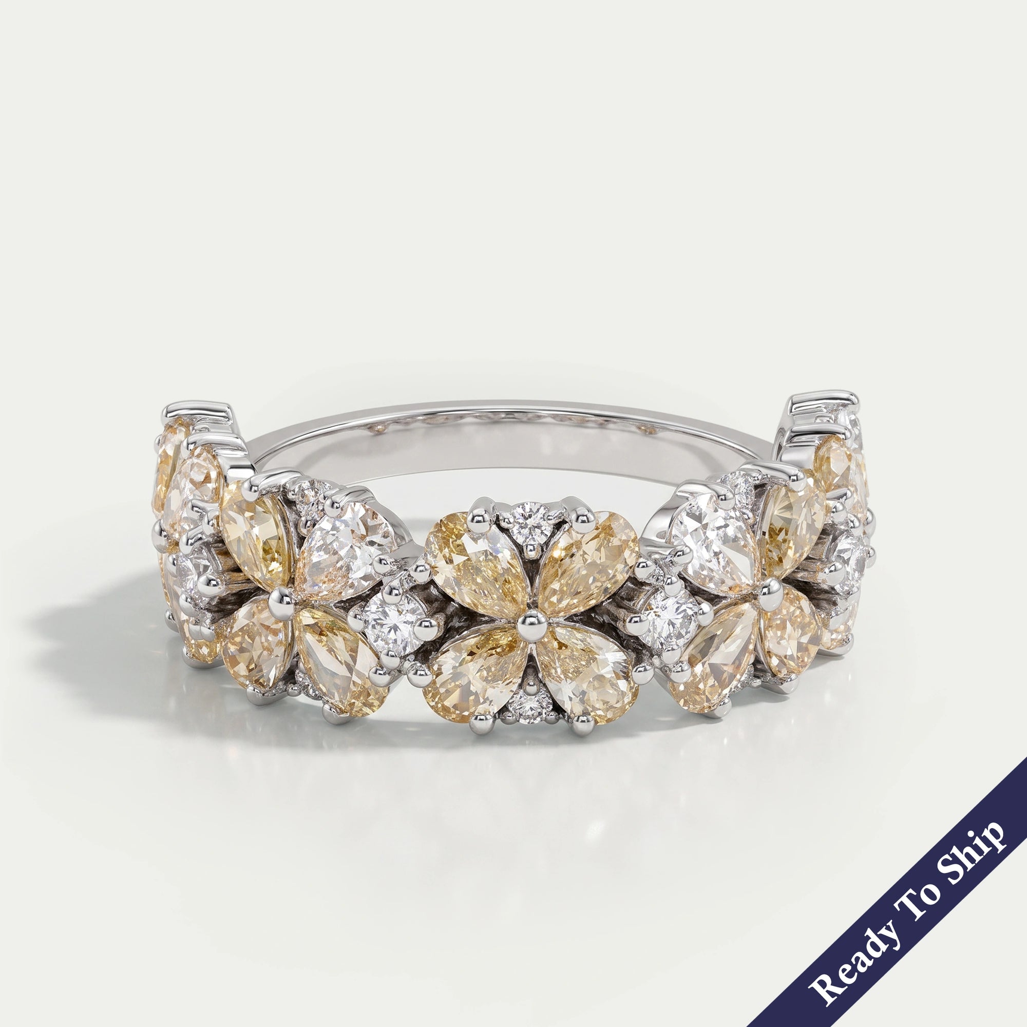 Yellow Pear Shape Floral Style Half Eternity Diamond Band Ring