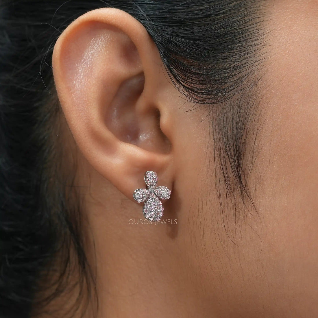 Floral Shape Pink Round Cut Push Back Stud Earrings