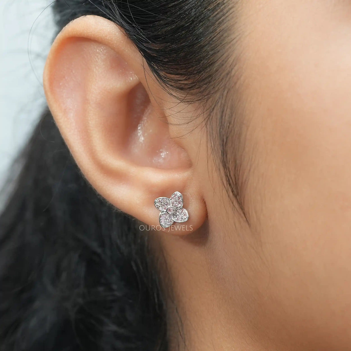 Flower Shape Pink Round Cut Lab Diamond Stud Earrings