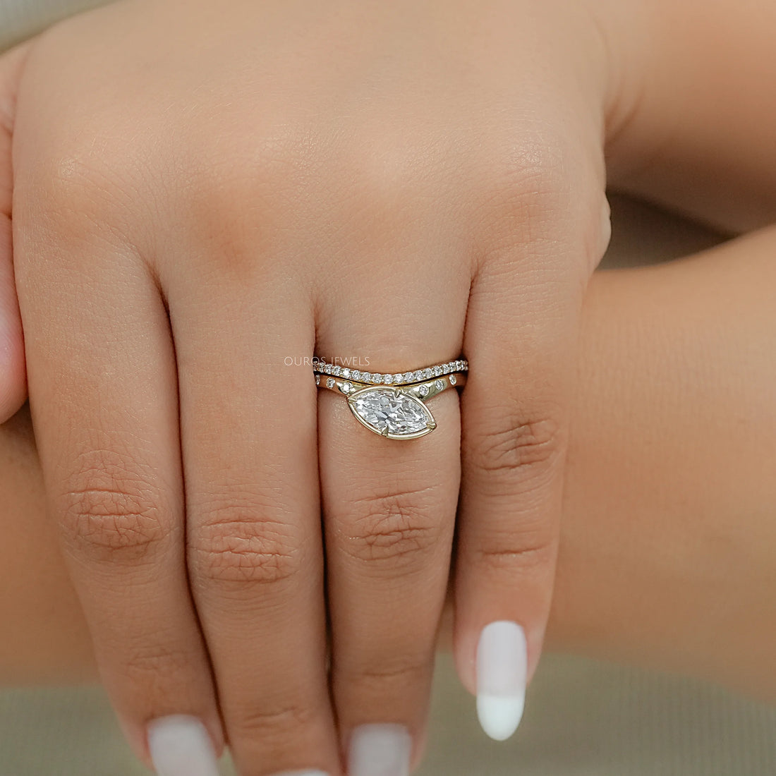 East West Old Mine Marquise Cut Curved Bridal Ring Set Ring