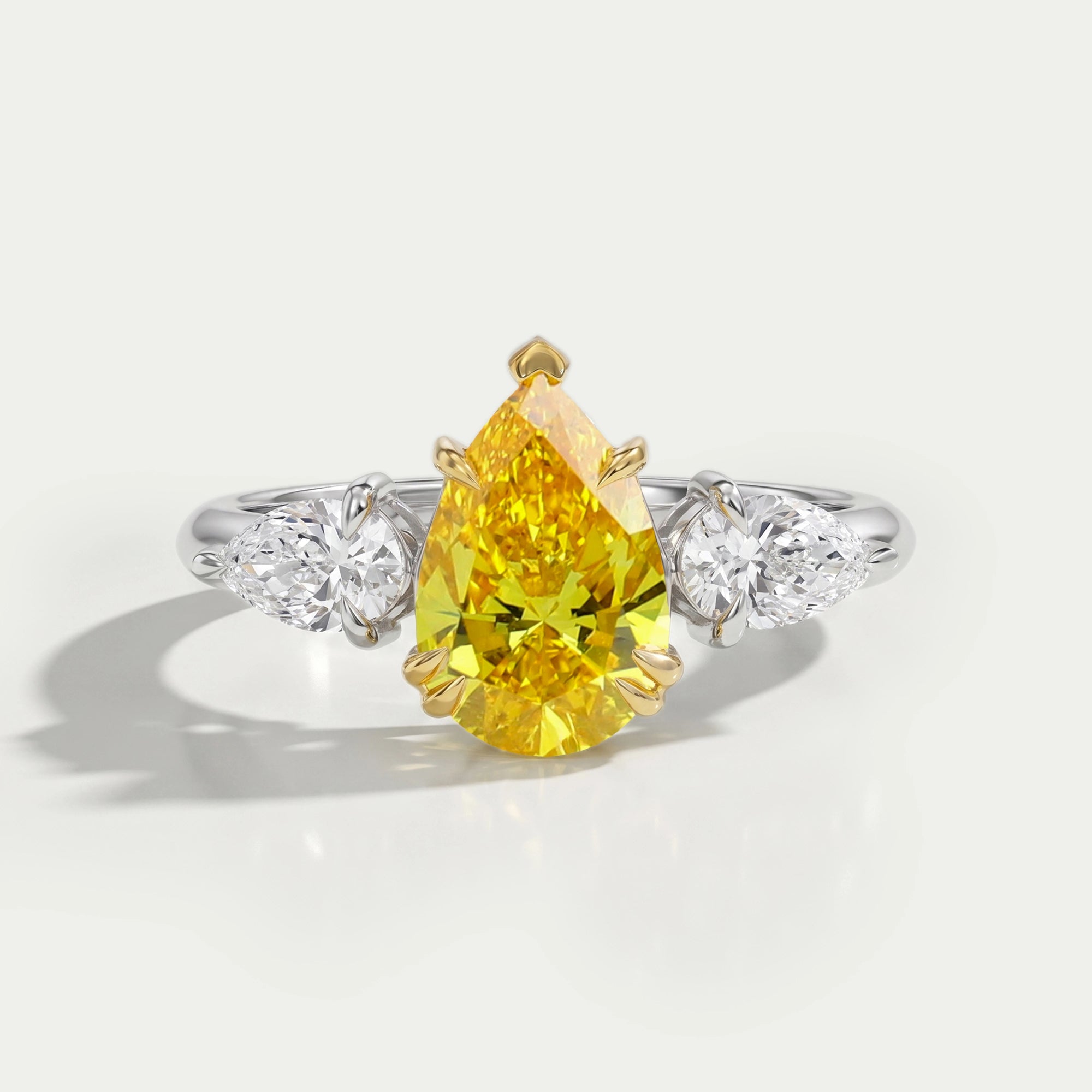 Yellow Pear Cut Lab Three Stone Diamond Ring