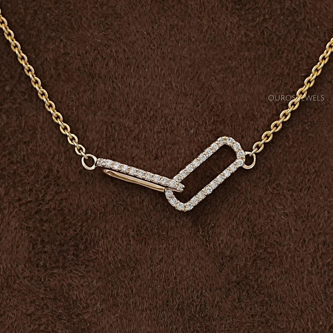 Open Rectangle Round Diamond Paperclip Pendant Necklaces
