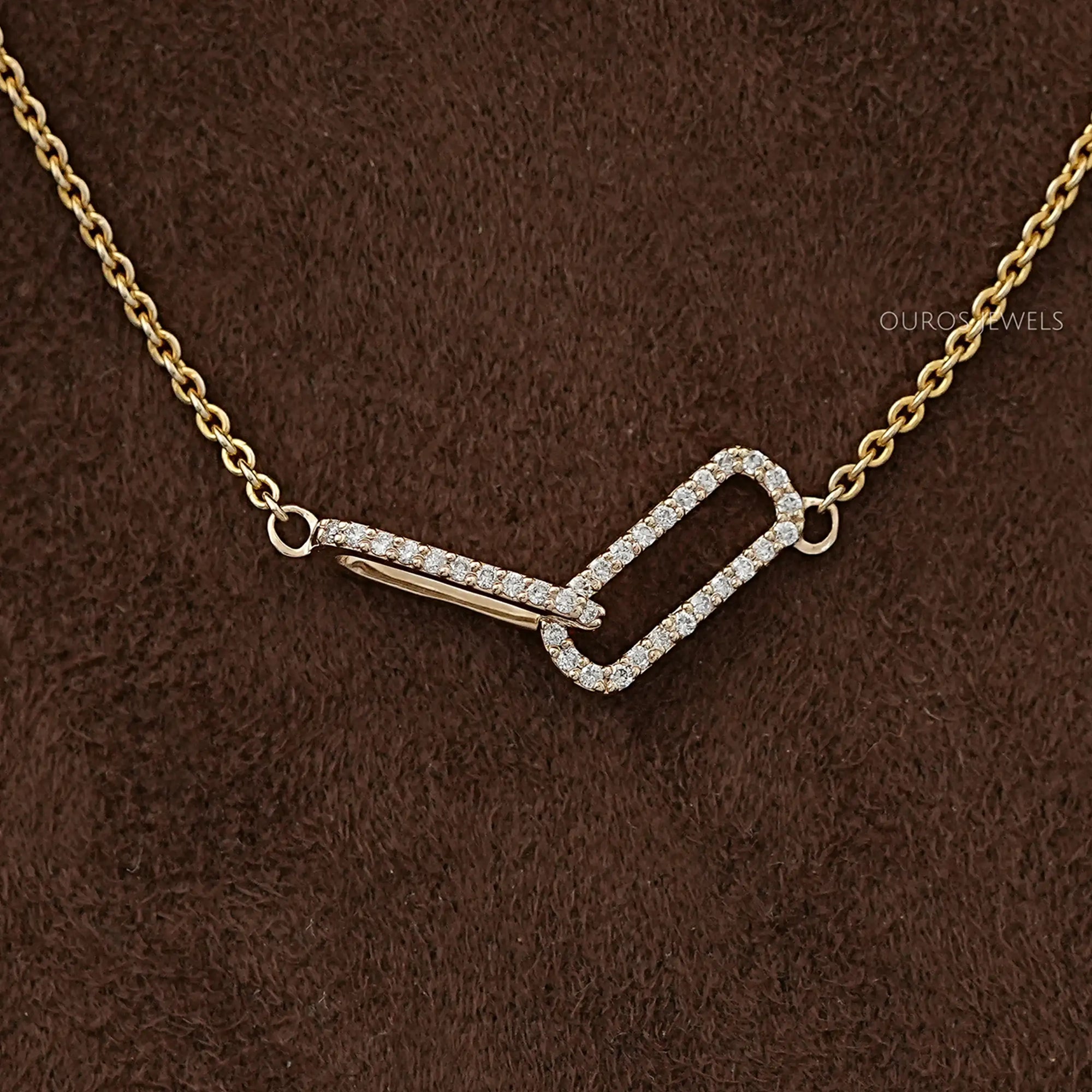 Open Rectangle Round Diamond Paperclip Pendant Necklaces