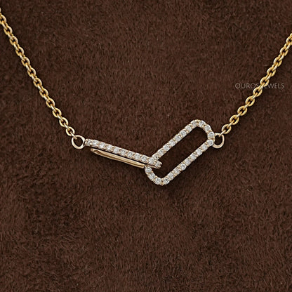 Open Rectangle Round Diamond Paperclip Pendant Necklaces