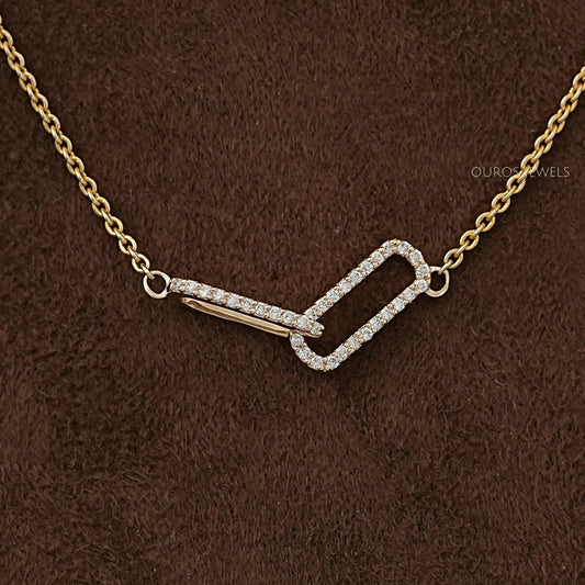 Open Rectangle Round Diamond Paperclip Pendant Necklaces