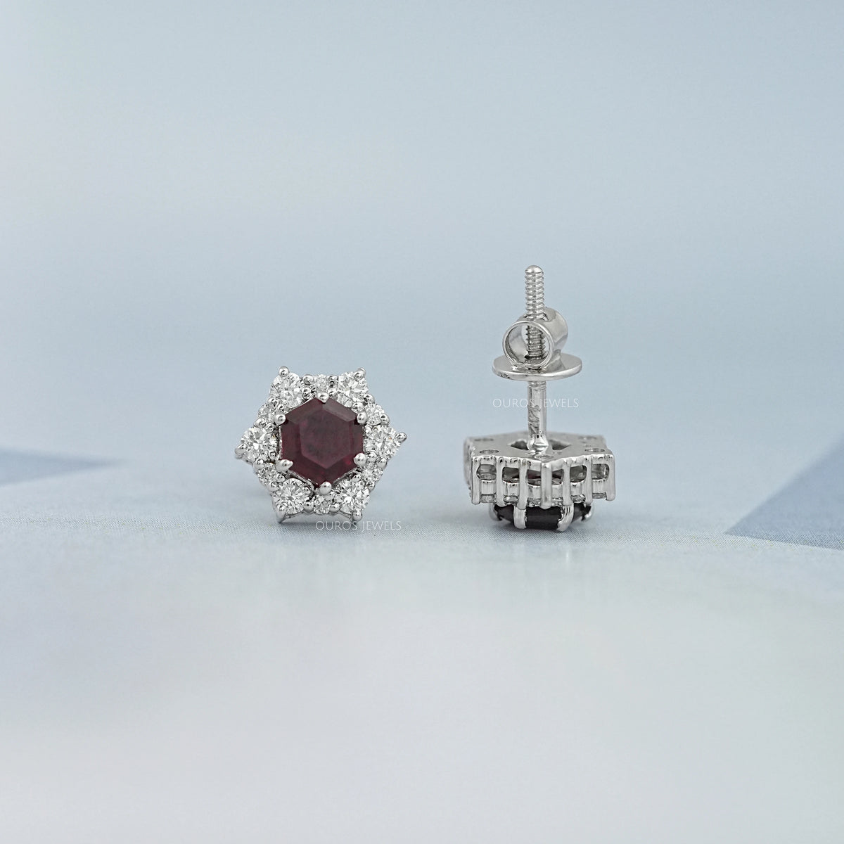 Floral Hexagon Cut Red Ruby Gemstone Cluster Stud Earrings Earring