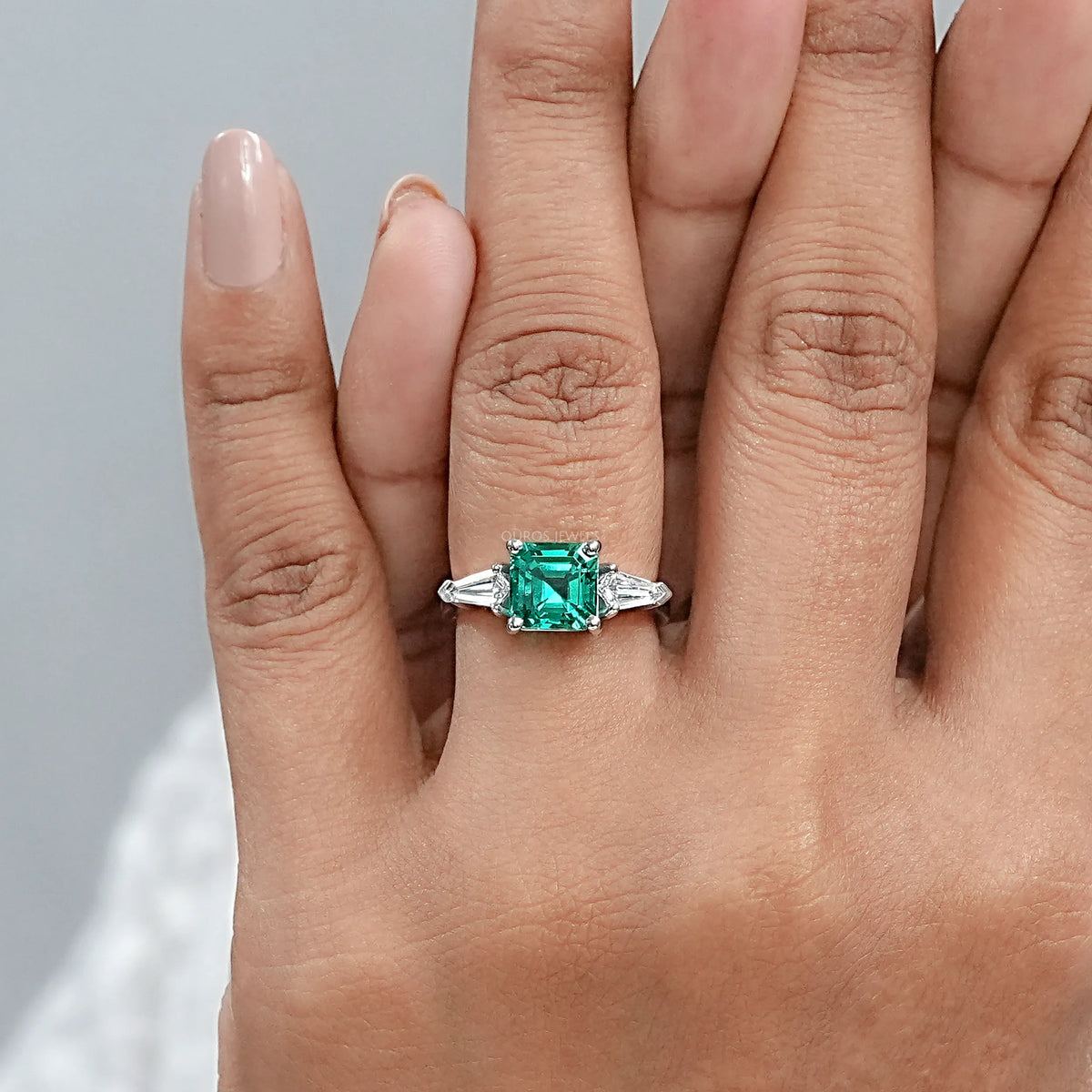 Asscher Cut Green Gemstone Three Stone Engagement Ring Ring