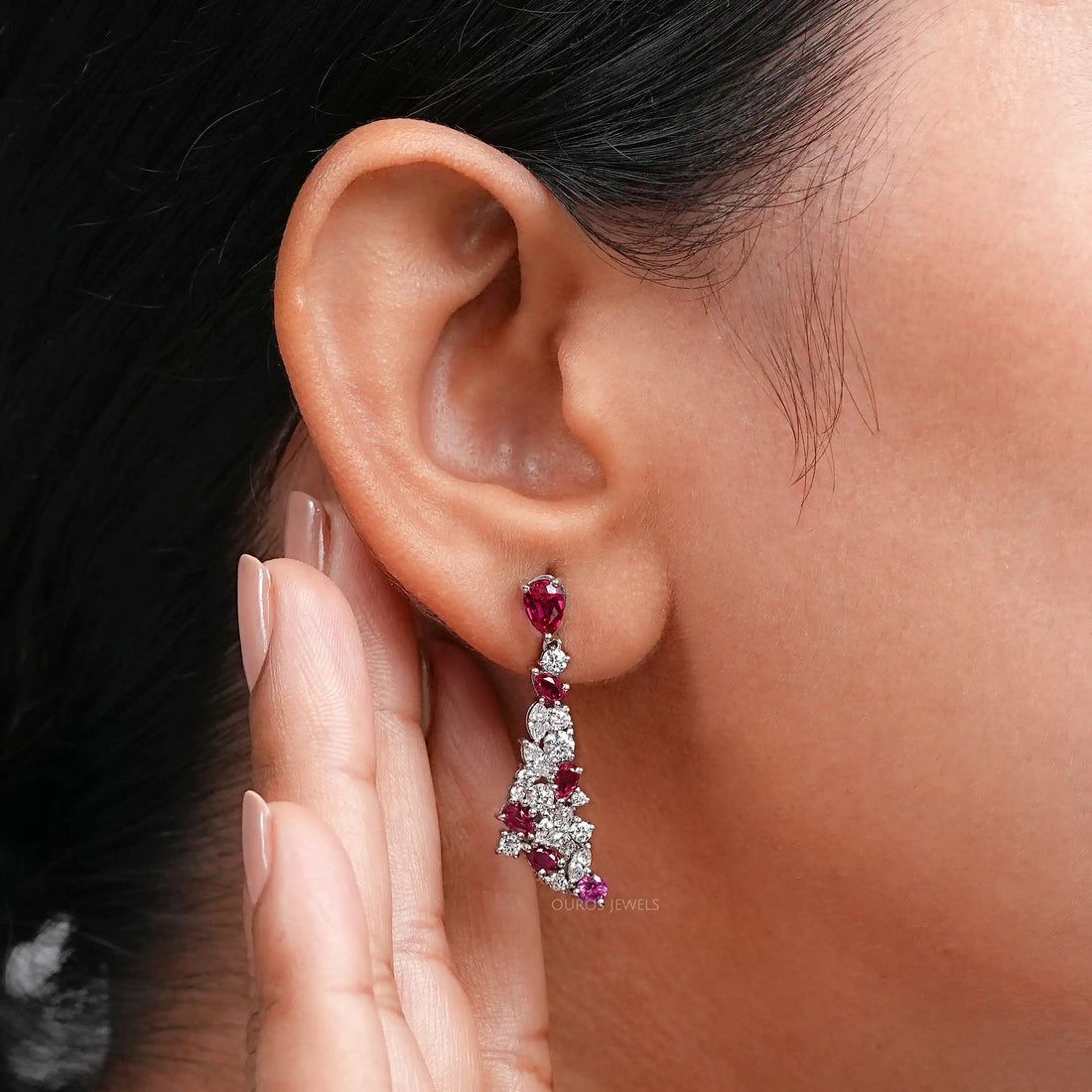 Red Ruby Pear Cut Gemstone Cluster Dangle Earrings Earring