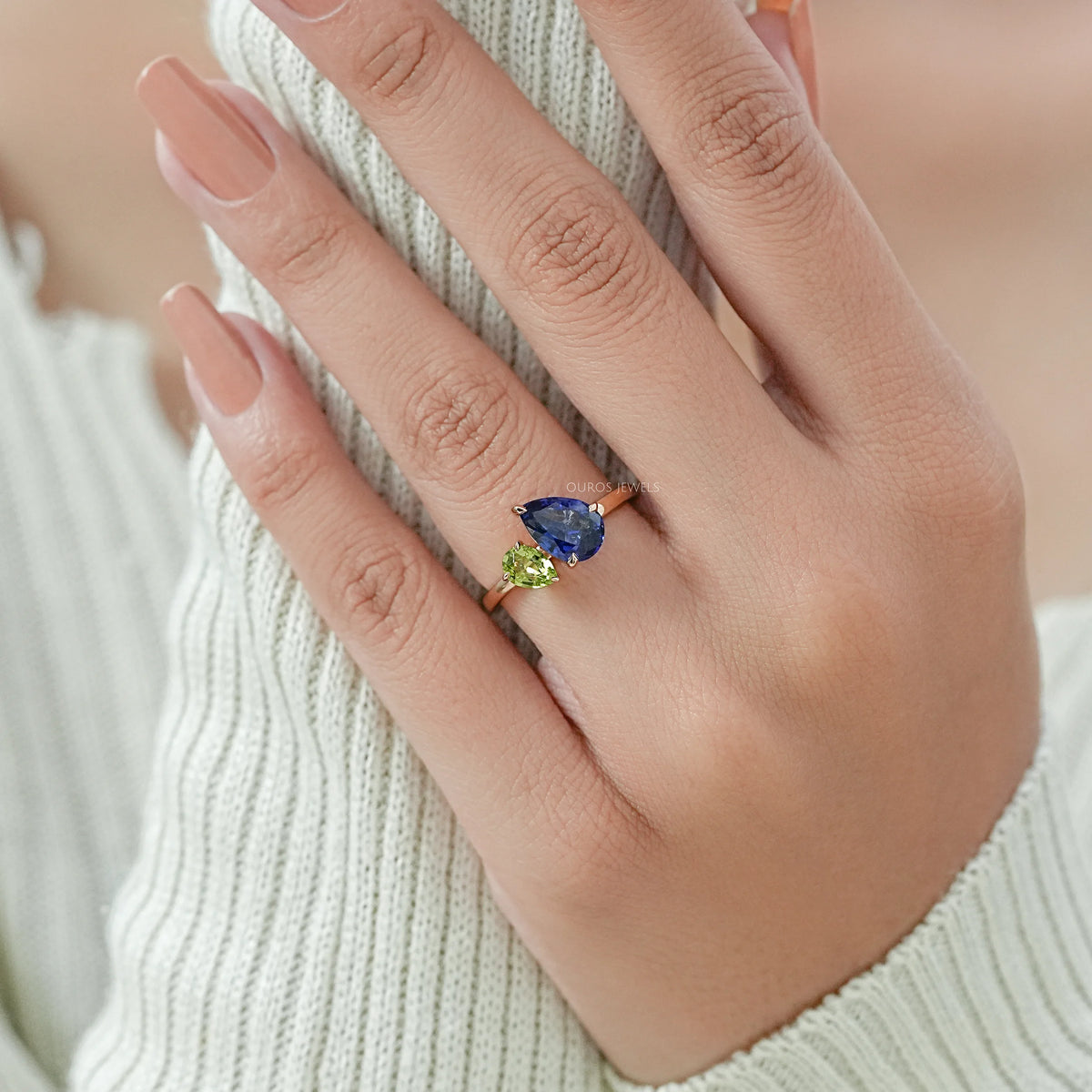Sapphire And Green Pear Gemstone Toi Et Moi Ring