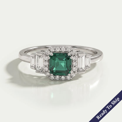 Green Asscher Gemstone Halo Diamond Engagement Ring