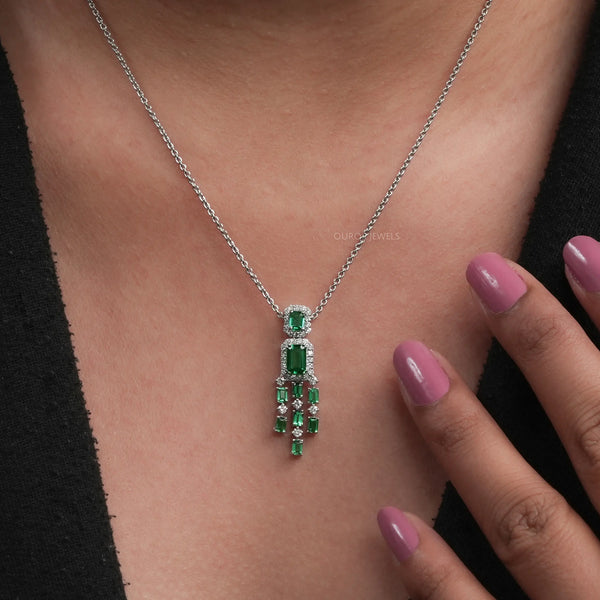 Green Emerald Halo Diamond Chandelier Necklace