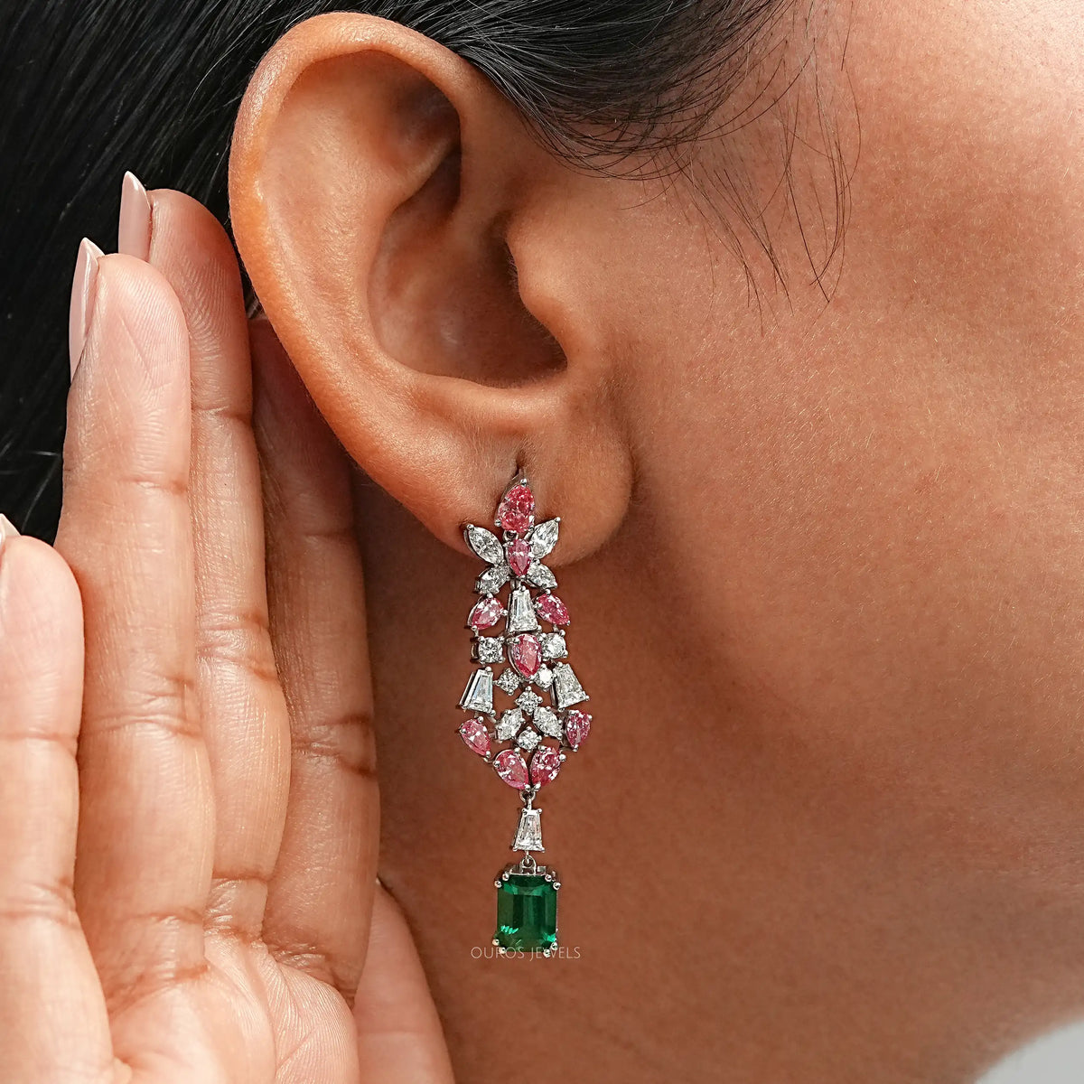 Green Gemstone Multi Shape Cluster Dangle Earrings