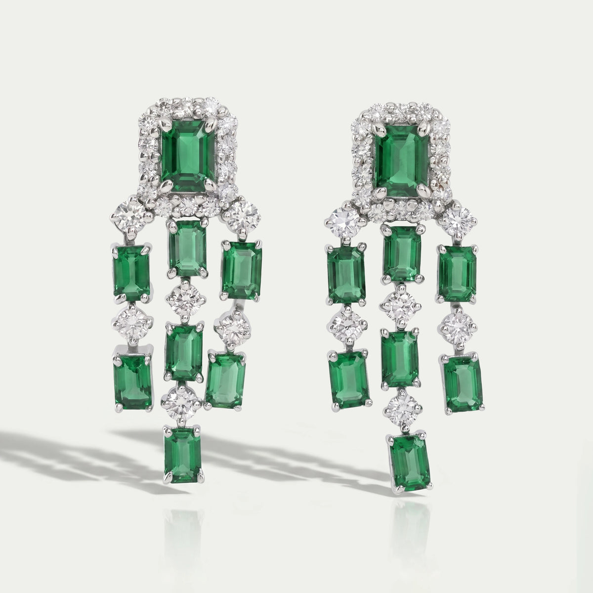 Green Emerald Halo Diamond Chandelier Dangle Earring