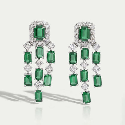 Green Emerald Halo Diamond Chandelier Dangle Earring