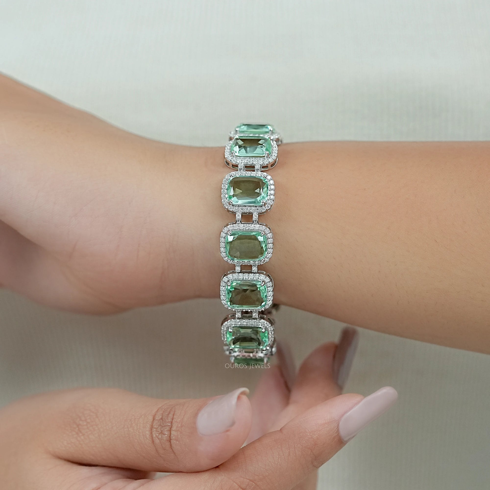 Mint Green Elongated Cushion Gemstone Halo Bracelet