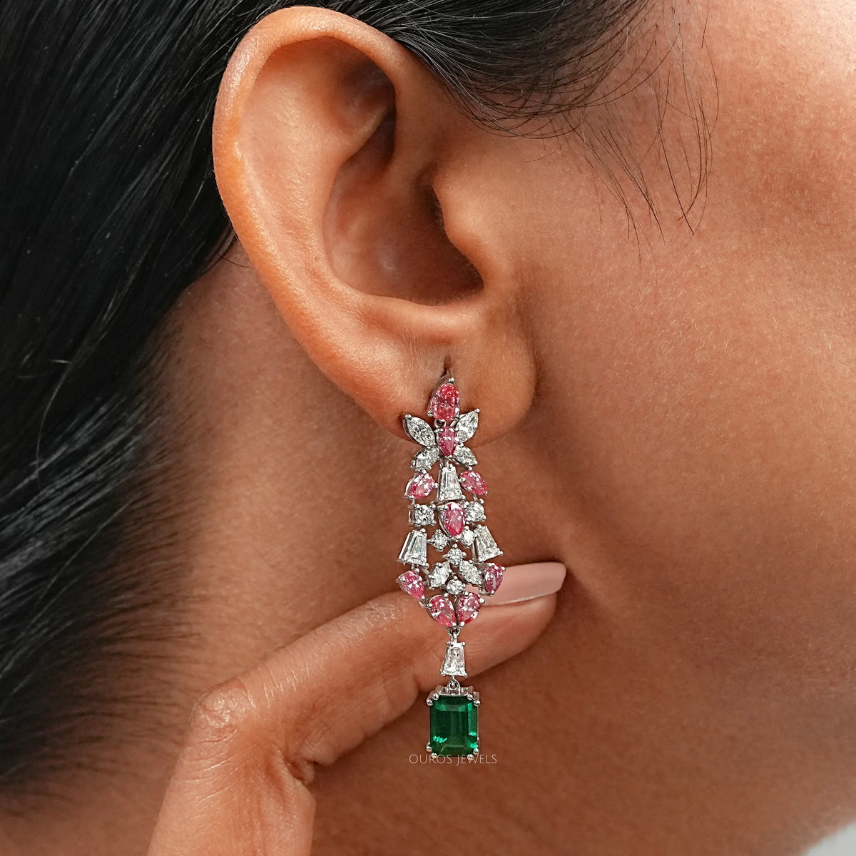 Green Gemstone Multi Shape Cluster Dangle Earrings