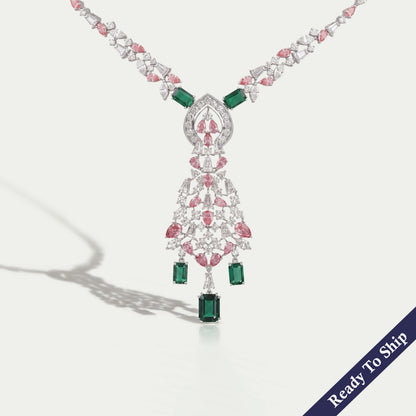 Pink Pear Diamond and Emerald Gemstone Bridal Necklace Necklaces