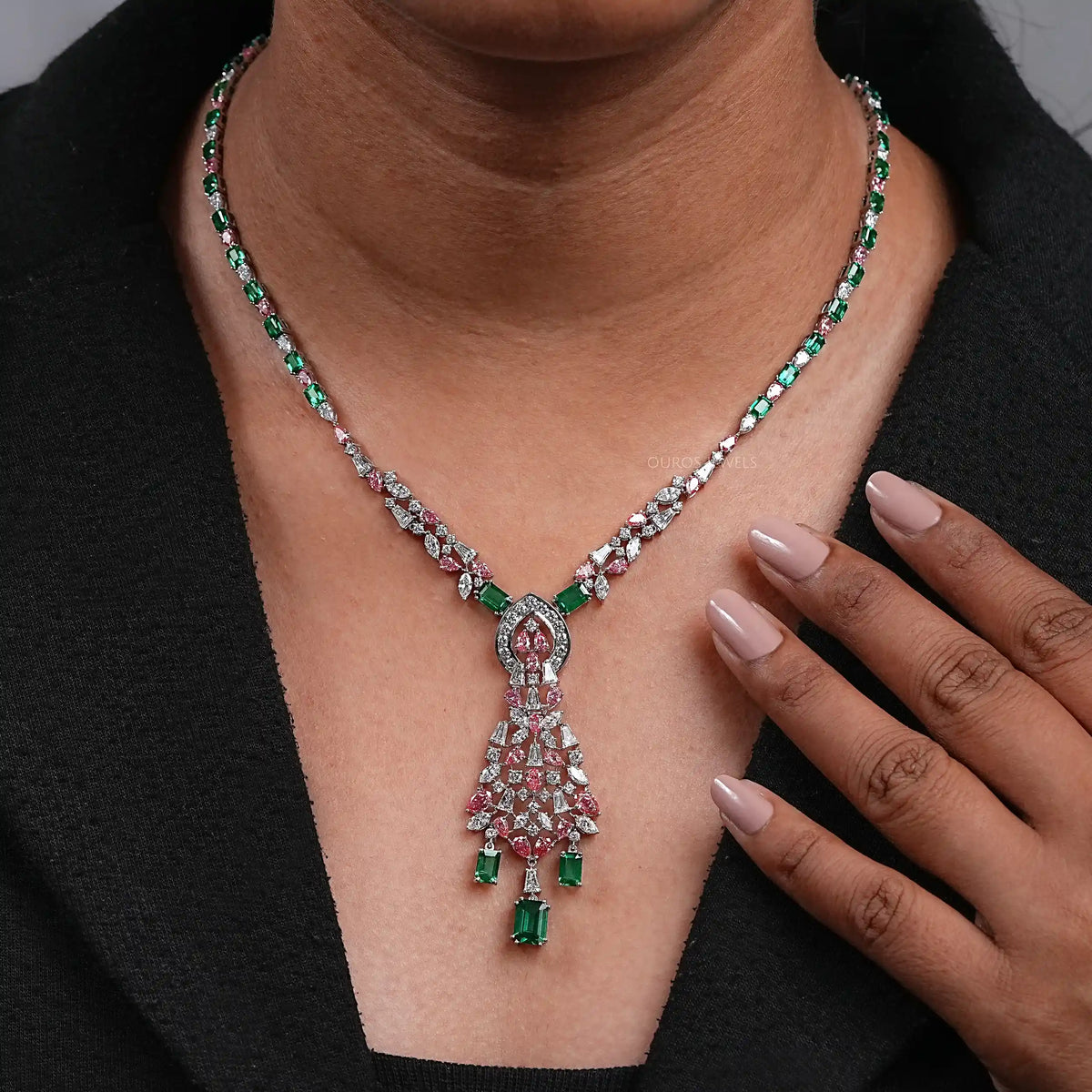 Green Emerald & Pink Pear Diamond Wedding Necklace