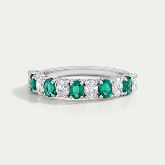 Green Oval Gemstone Half Eternity Wedding Band Rings