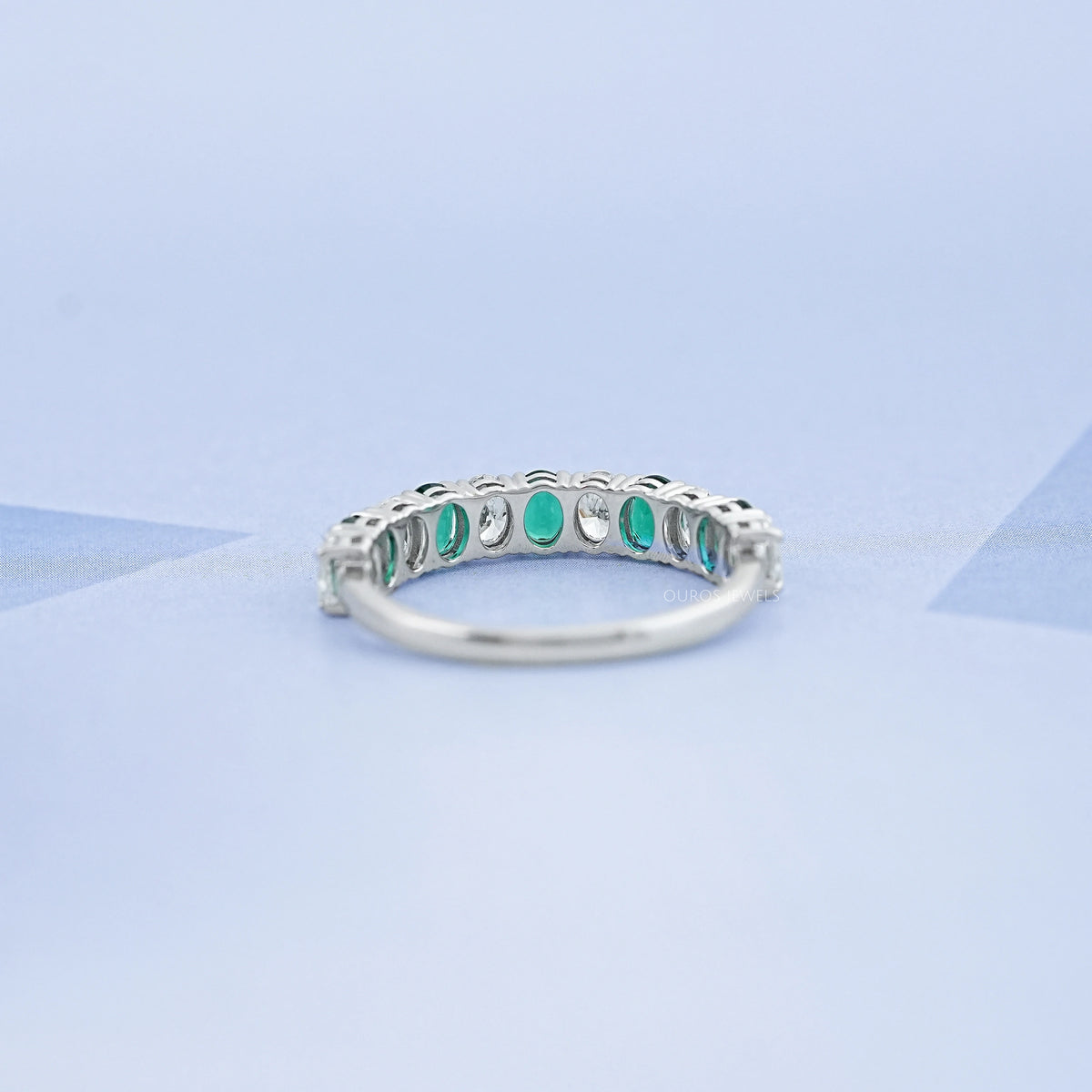 Green Oval Gemstone Half Eternity Wedding Band Rings