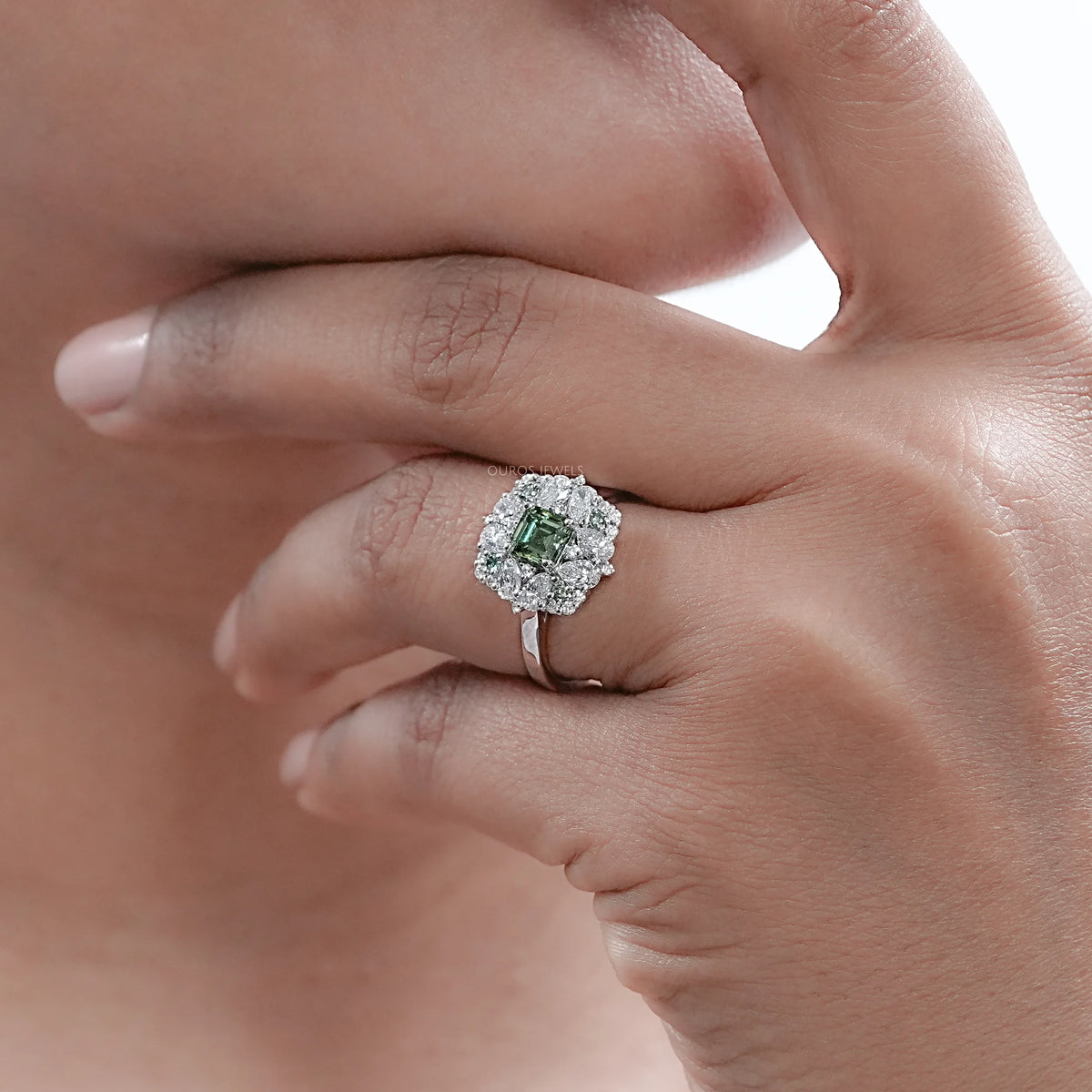 Asscher Cut Green Lab Diamond Cluster Engagement Ring Ring