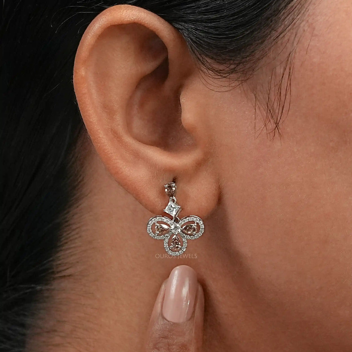Champagne Pear Halo Dangle Earrings Earrings