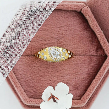 Old Mine Pear Diamond Halo Wide Flush Set Ring