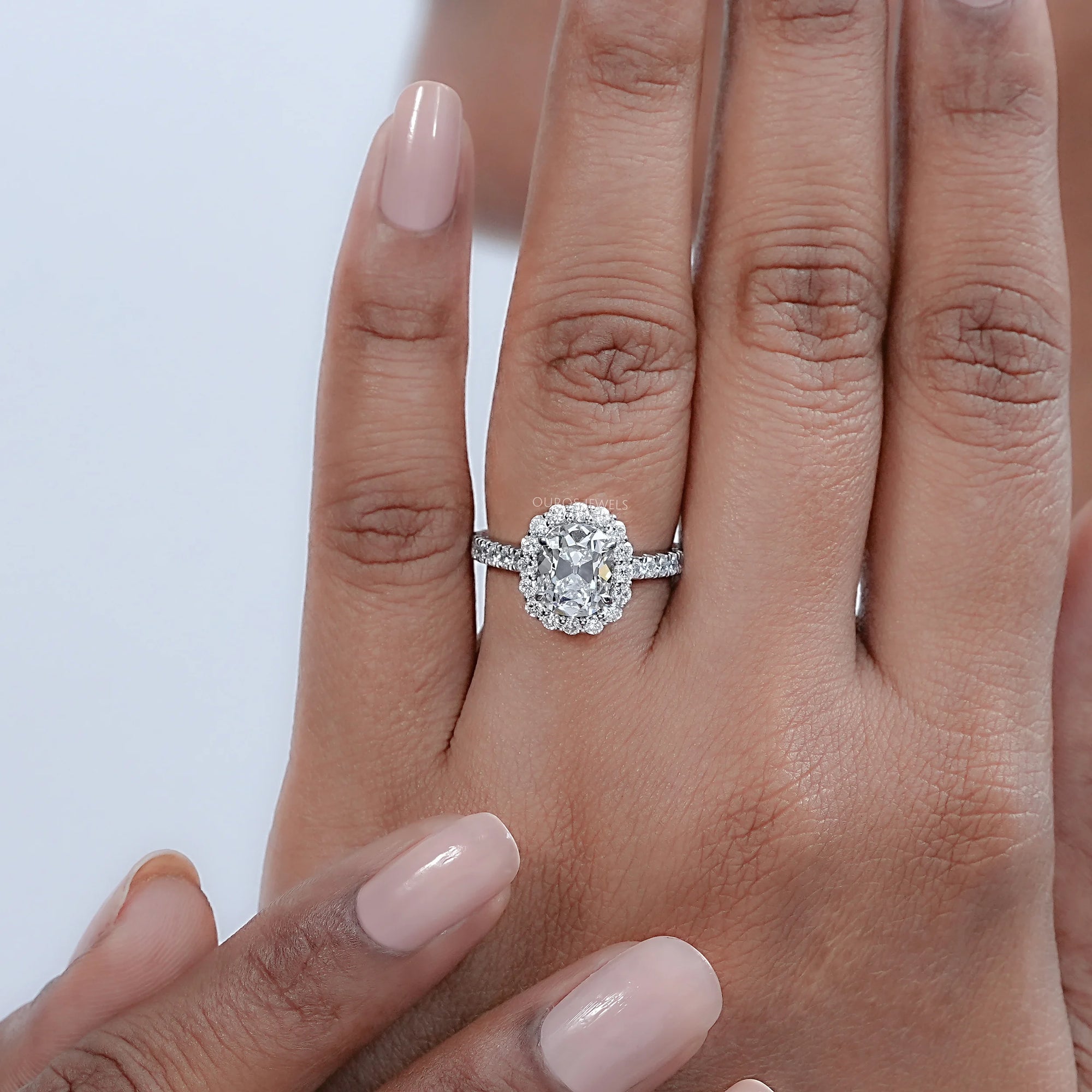 Old Mine Cushion Cut Halo With Accent Engagement Ring Ring