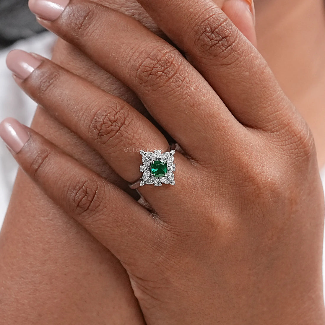 Lab Green Cushion Shape Halo Gemstone Ring Ring