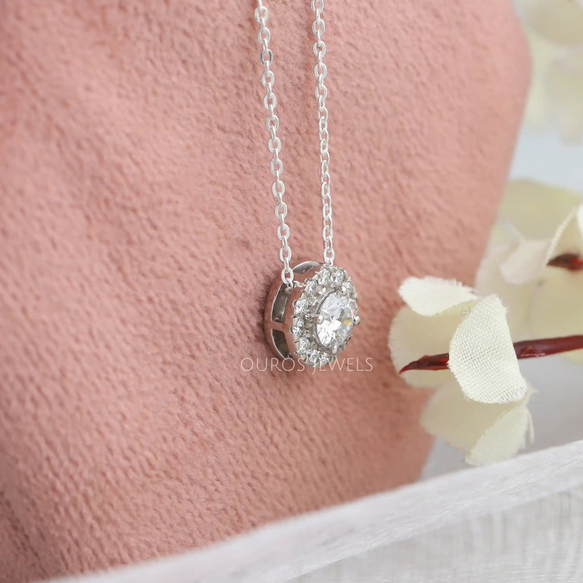 White Gold Halo Round Diamond Pendant Necklaces