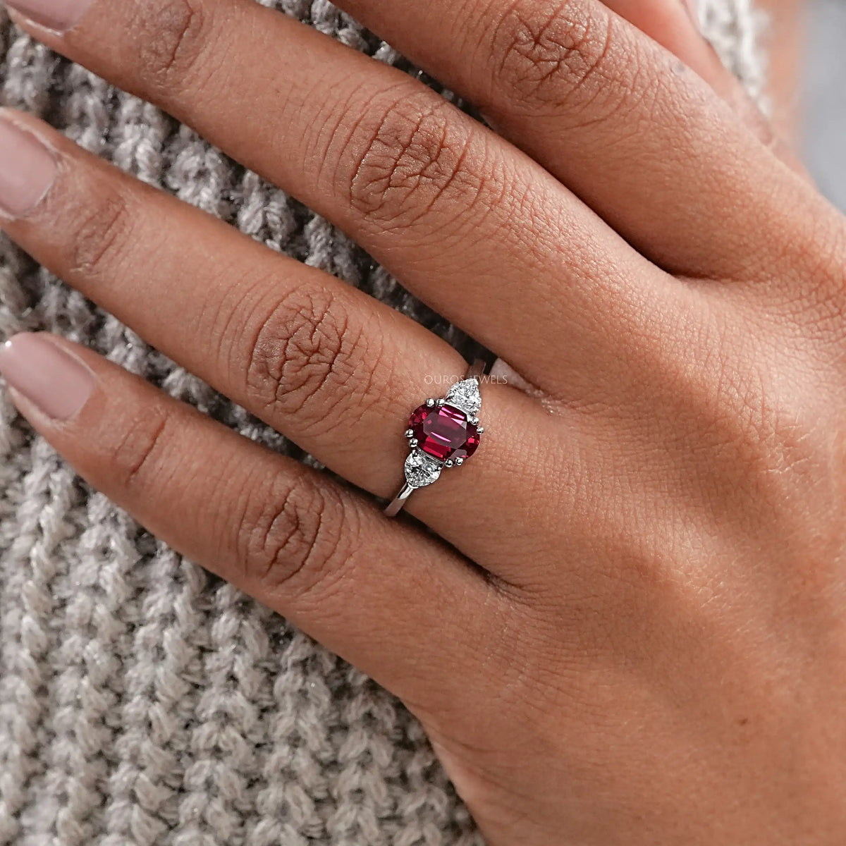 Ruby Oval Gemstone Three Stone Ring